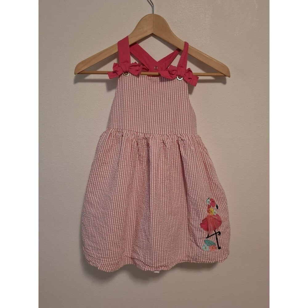 Tahari Kids Pink White Striped Seersucker Flamingo Embroidered Dress Sz 7 Girls